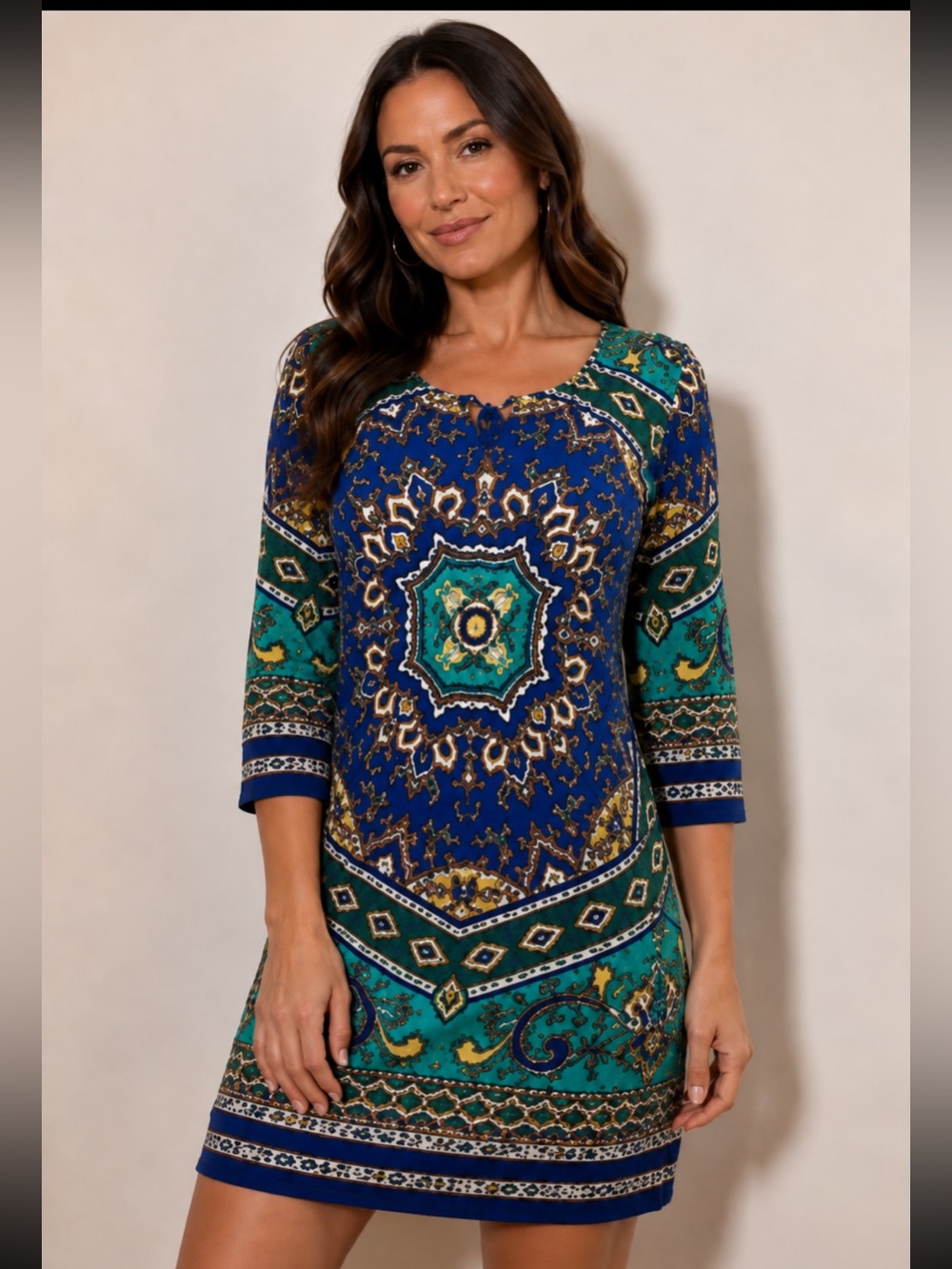 Nicole by Nicole Miller Boho Medallion Print Shift Dress Blue Teal Large